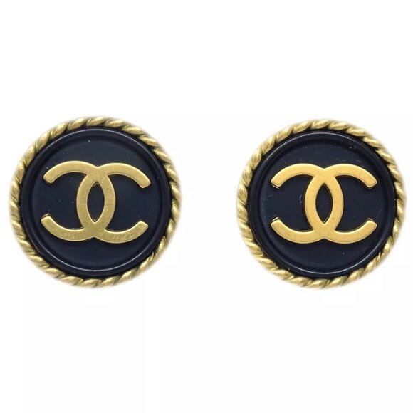 Chanel Button Earrings Clip-On Black Gold - Picture 1 of 4
